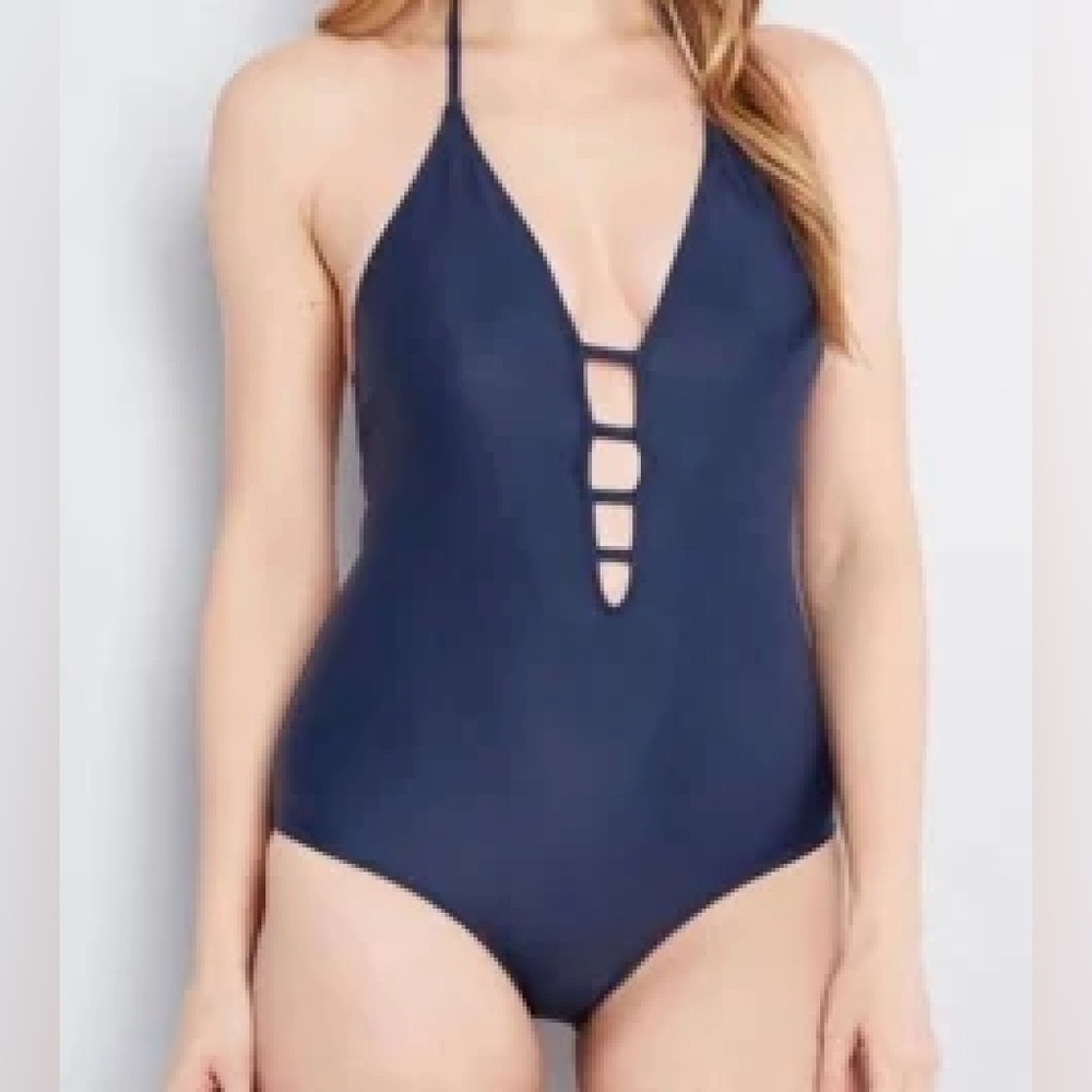 Modcloth Tereza One Piece Plunge Criss Cross Halter Swimsuit - Navy - Large